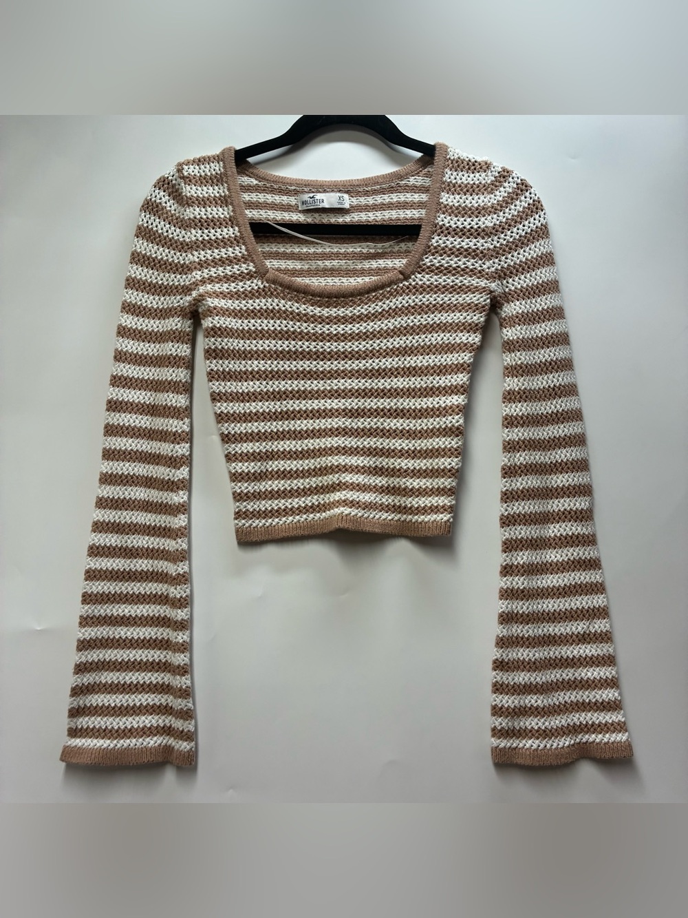 Hollister XS Y2K Cream Brown Crotchet Striped Cropped Sweater Long Sleeve